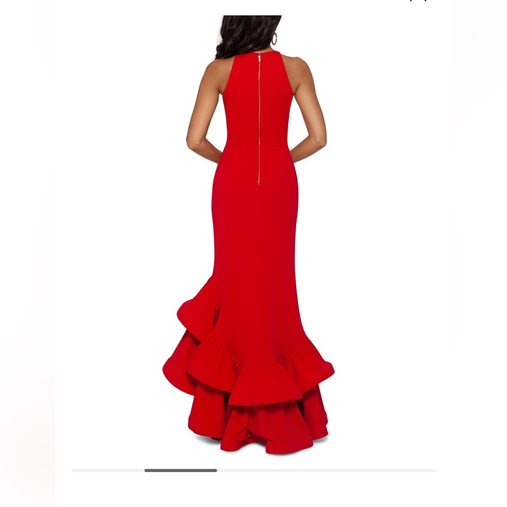 Betsy & Adam Red Asymmetrical Ruffled Halter Gown - Picture 3 of 9